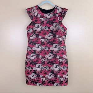 Donna Ricco New York Floral Brocade Ruffle Sheath Dress Black Pink 16 Romantic